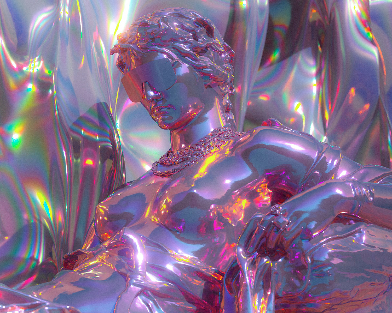 An image of a statue-like figure with a metallic surface reflecting a spectrum of colors, reminiscent of a hologram. The figure wears sunglasses and is adorned with a chain necklace, giving a modern, stylish twist to a classic sculpture form.