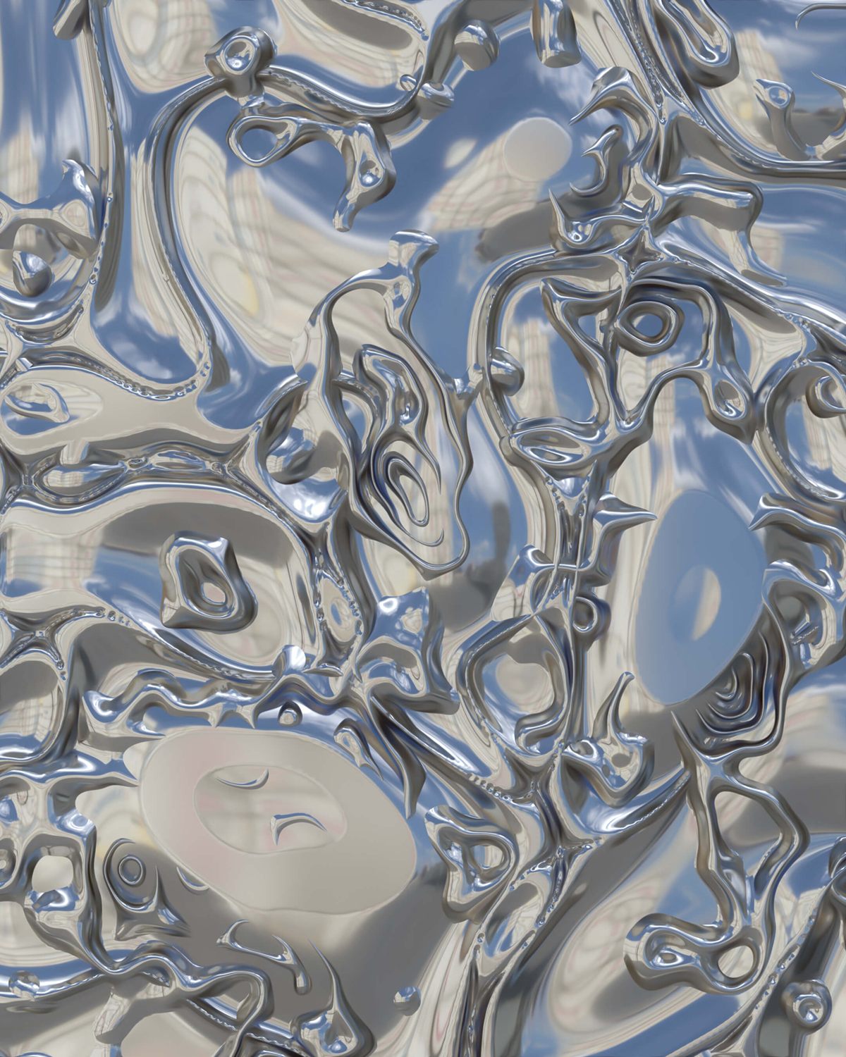 Abstract image featuring a fluid, reflective pattern with silver and gray tones, creating a metallic texture that mimics the appearance of molten metal with light and shadow interplay