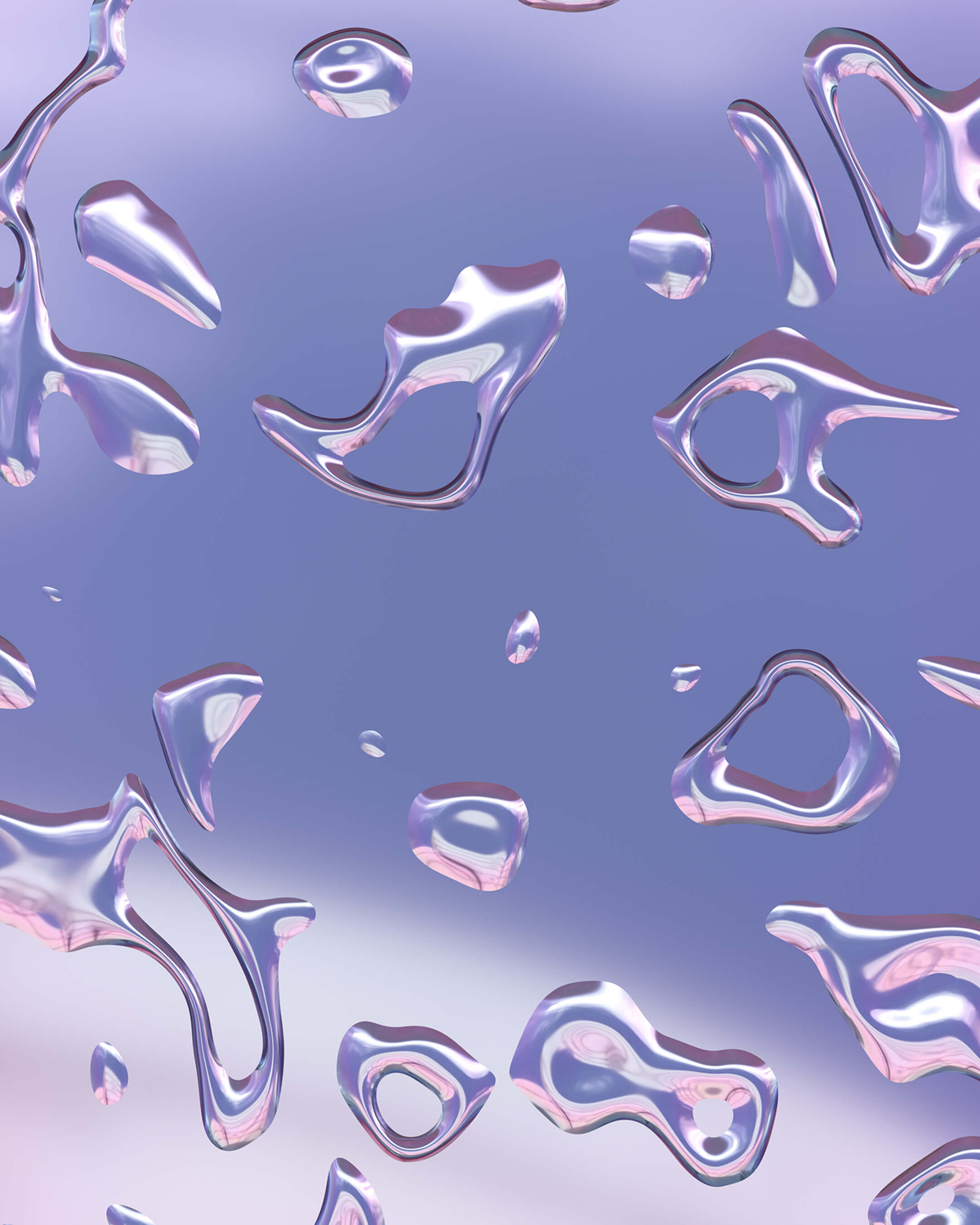 Digital art of translucent liquid droplets suspended in air with a soft lavender background, reflecting light to create a serene, weightless, and ethereal atmosphere.