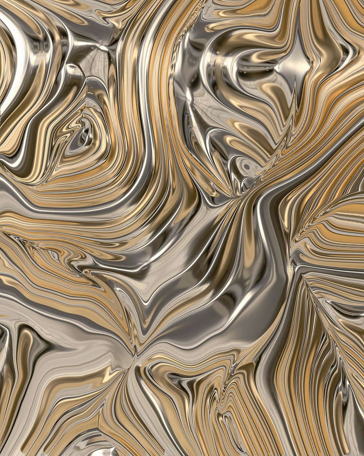 High-resolution image of a digital artwork resembling swirling liquid gold with contrasting shades, creating a marbled effect with intricate lines and curves reflecting light.