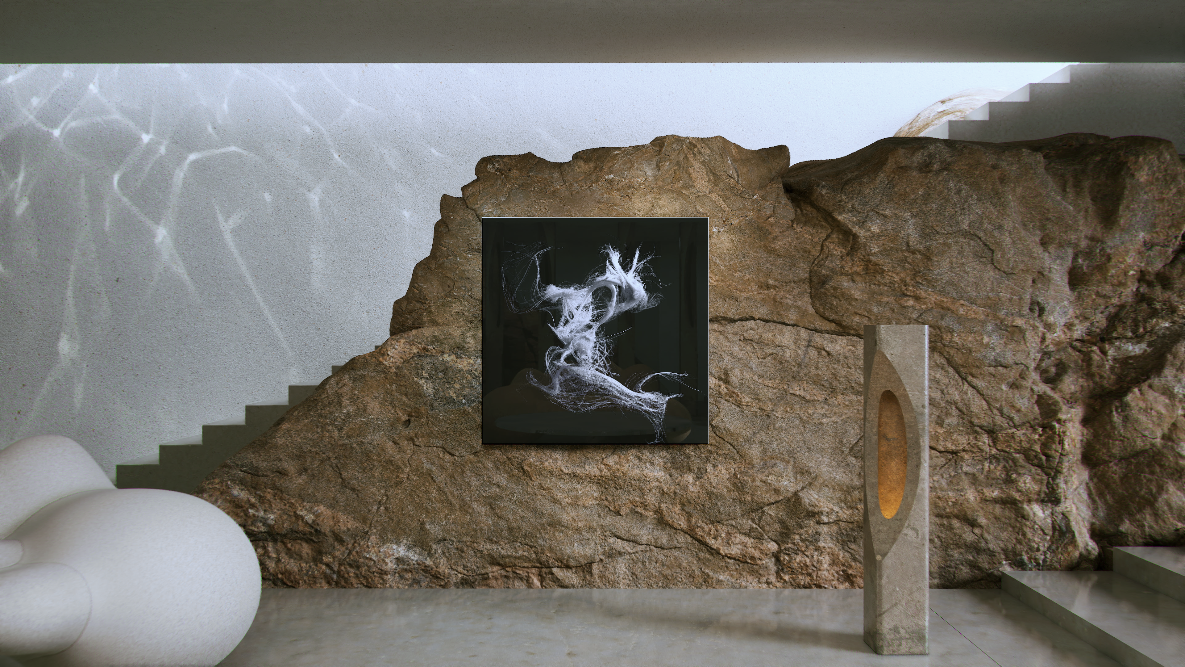 An abstract composition where a large rugged rock formation serves as a backdrop to a sleek black frame showcasing a dynamic white fibrous structure, complemented by a minimalist sculpture and spherical forms in the foreground within a modern architectural space