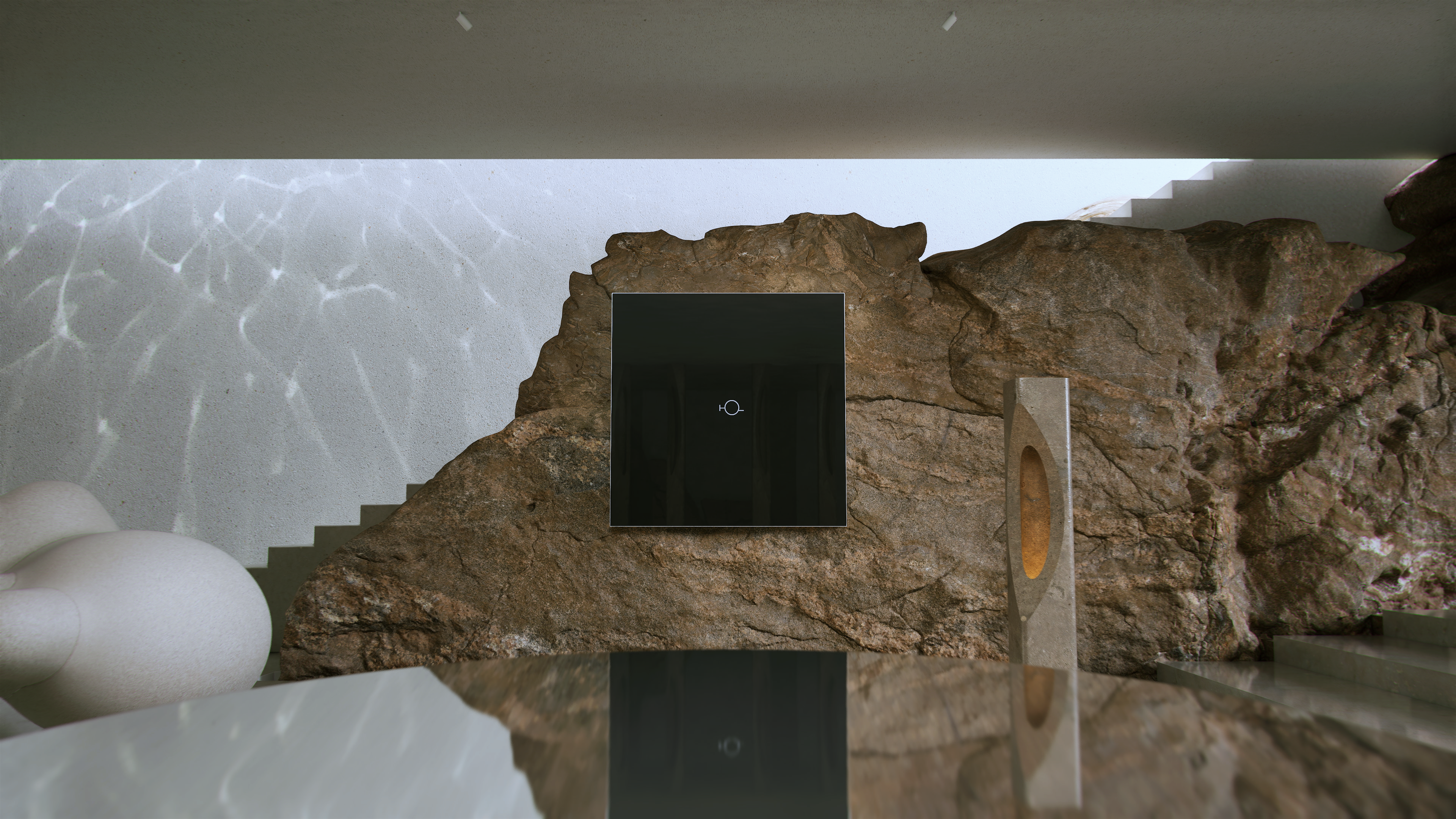 An abstract composition where a large rugged rock formation serves as a backdrop to a sleek black frame showcasing a dynamic white fibrous structure, complemented by a minimalist sculpture and spherical forms in the foreground within a modern architectural space